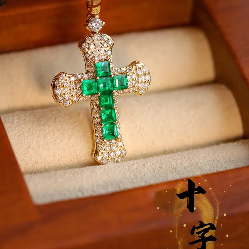 Romantic Cross Emerald & Diamond Necklace