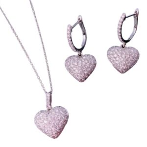 Heart-Shaped Diamond Coordinated Set (Hoop Earrings and Necklace)