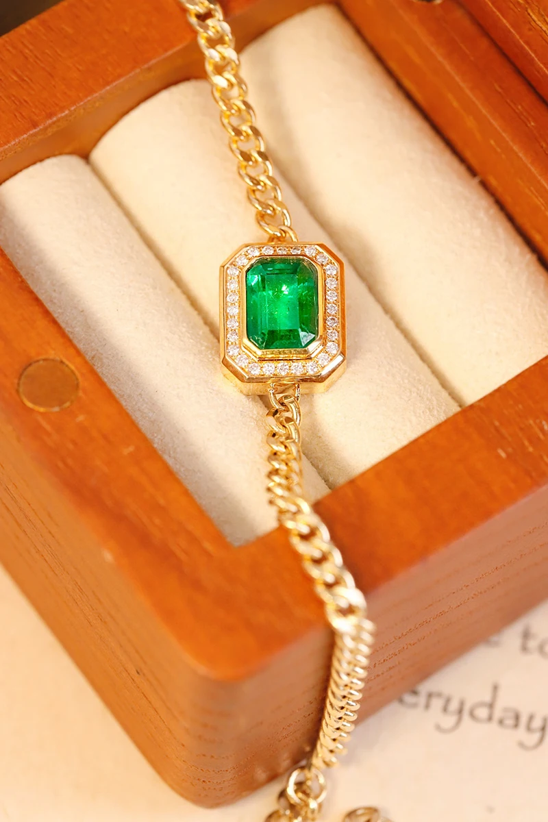 Yellow Gold Cuban Chain Emerald Bracelet