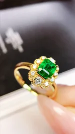 Yellow Gold Emerald and Diamond Flower Ring - Image 3