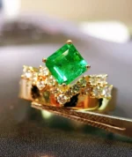 Yellow Gold Vintage Emerald and Diamond Engagement Ring