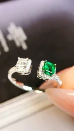 White Gold Diamond and Emerald Engagement Ring - Image 3