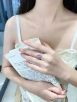 White Gold Pink Sapphire and Diamond Engagement Ring - Image 6