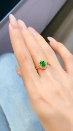 Yellow Gold Emerald and Diamond Flower Ring - Image 5