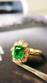Yellow Gold Emerald and Diamond Flower Ring - Image 4
