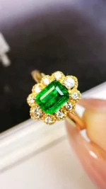 Yellow Gold Emerald and Diamond Flower Ring - Image 2