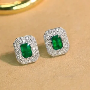 White Gold Emerald and Diamond Stud Earrings