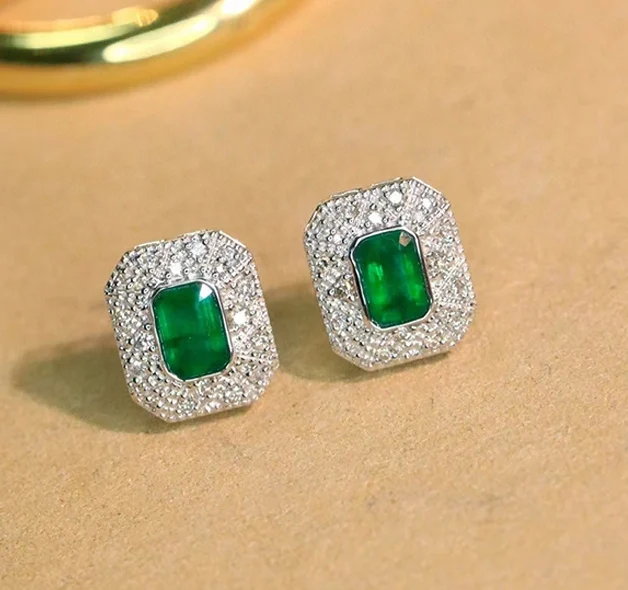 White Gold Emerald and Diamond Stud Earrings