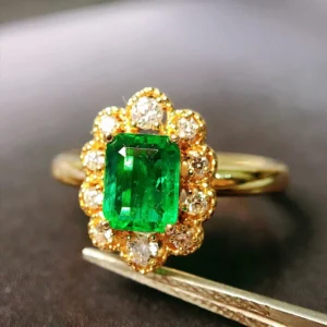 Yellow Gold Emerald and Diamond Flower Ring