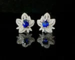 White Gold Maple Leaf Diamond and Sapphire Earrings