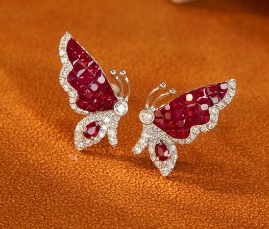 White Gold Butterfly Diamond and Ruby Earrings