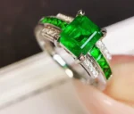 White Gold Emerald Ring with Natural Diamond Accent
