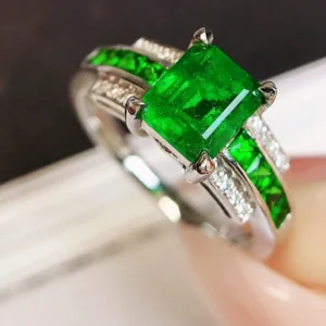 White Gold Emerald Ring with Natural Diamond Accent