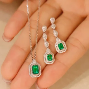 Radiant Emerald and Diamond White Gold Jewelry Set