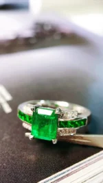 White Gold Emerald Ring with Natural Diamond Accent - Image 2